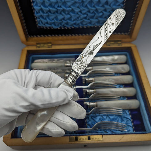 1880 British antique white butterfly shell handle dessert cutlery 6 pair set William Batt and Sons wooden box